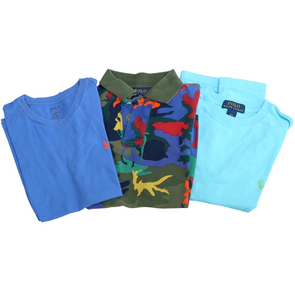 Lot of 3 Polo Ralph Lauren Shirts Kids 8 Blue Camo Polo Crewneck T-Shirt Bundle